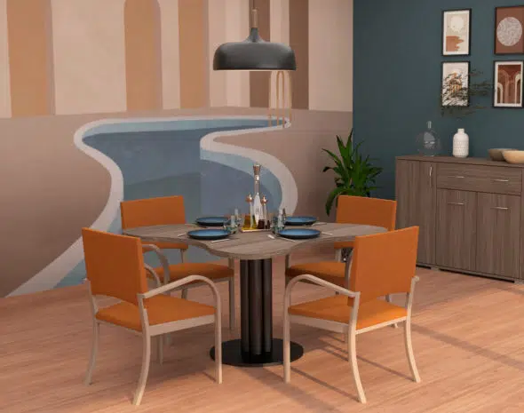 Mobilier ergonomique EHPAD avec une table marguerite PMR et des chaises avec accoudoirs dans une salle à manger