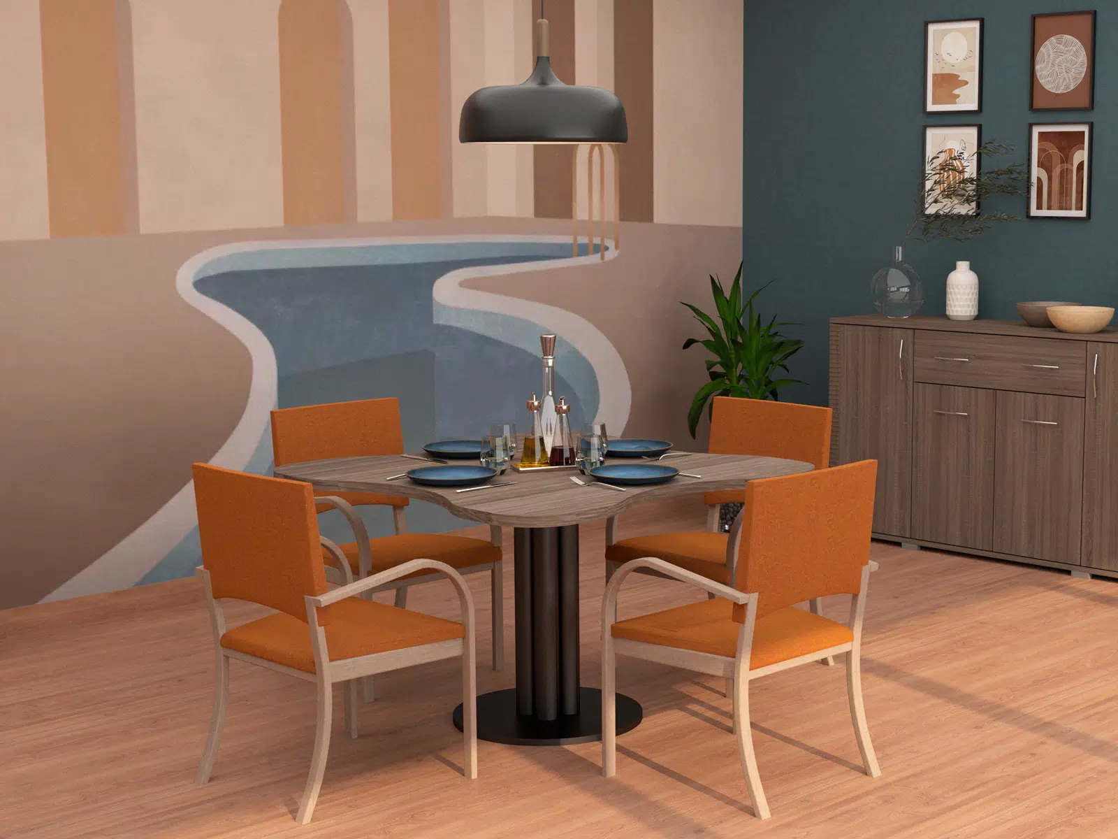 Mobilier ergonomique EHPAD avec une table marguerite PMR et des chaises avec accoudoirs dans une salle à manger
