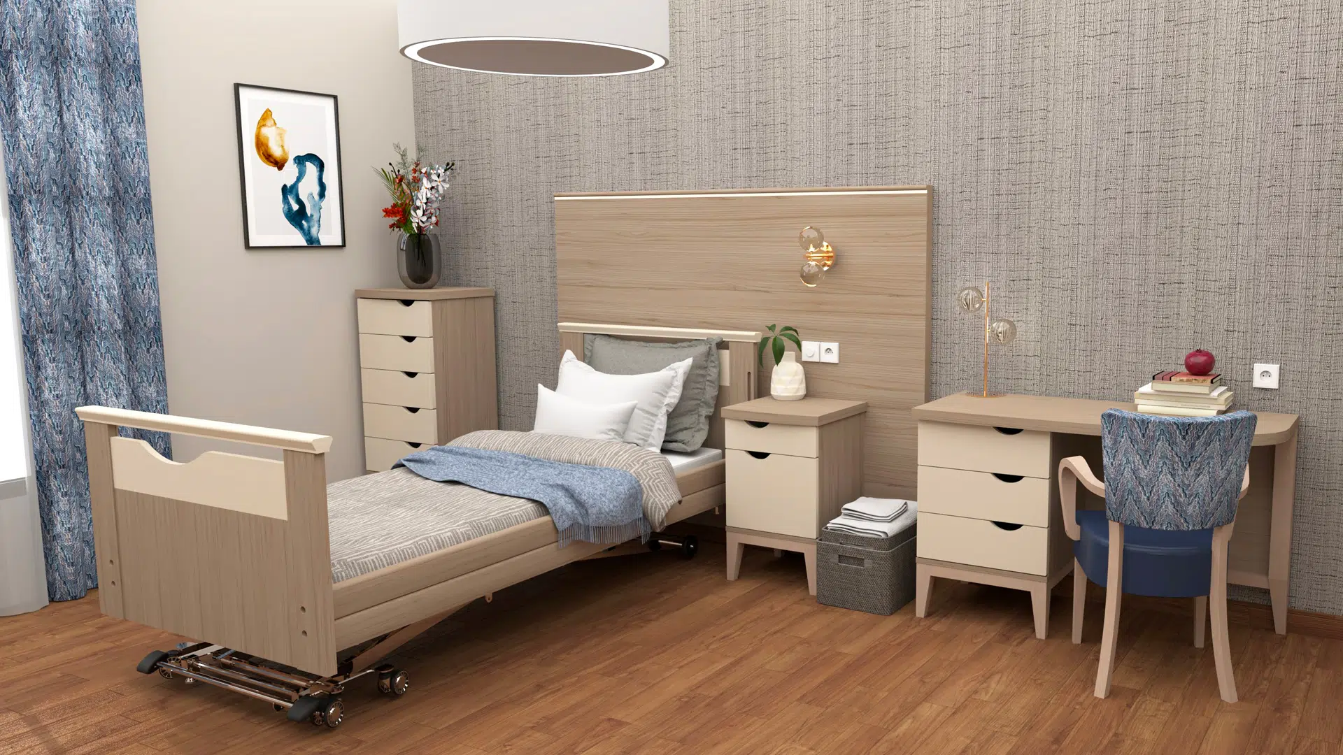 Chambre d'ehpad avec mobilier : lit médicalisé, commode, chevet, bureau et chaise avec accoudoirs